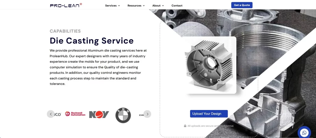A screenshot of ancastings's service page, showing die cast pat on the right side and service description on the left.
