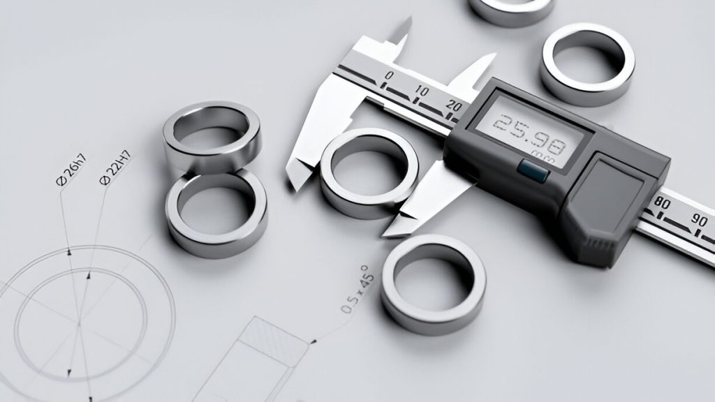 A close-up image showing a digital vernier caliper measuring the dimensions of a machined metal part.