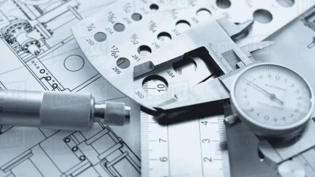 Image showing the evolution of technical drawings with a design sheet, callipers, and digital measuring tools.