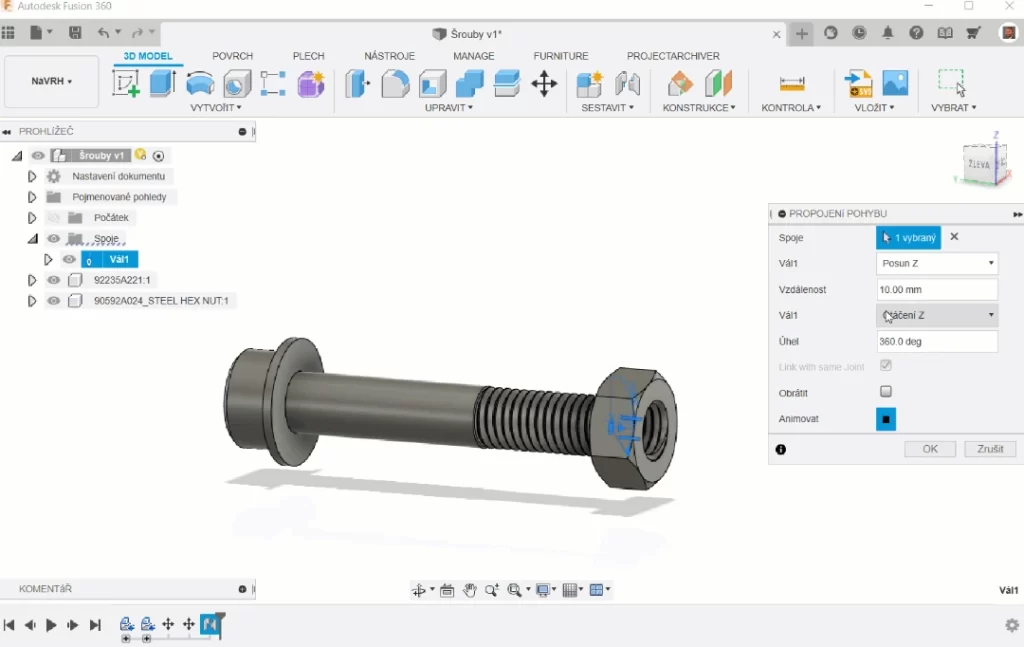 Fusion 360 to CNC software interface displaying a 3D model of a bolt and nut assembly