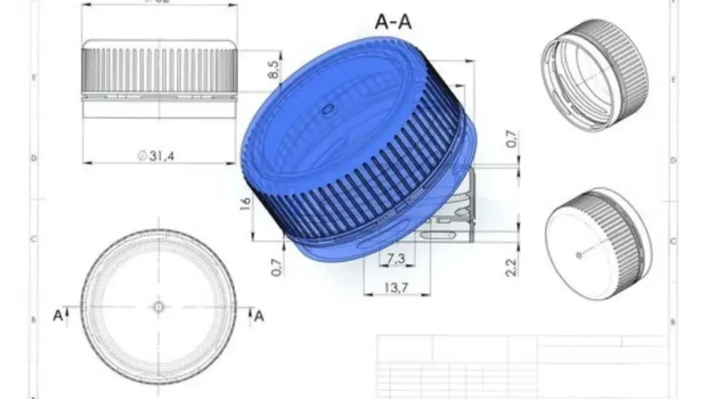 Plastic bottle cap with GD&T tolerances for accurate manufacturing.