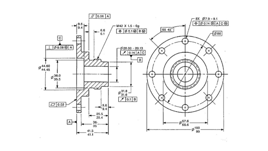 Engineering drawing detailing geometric dimensions and tolerances.