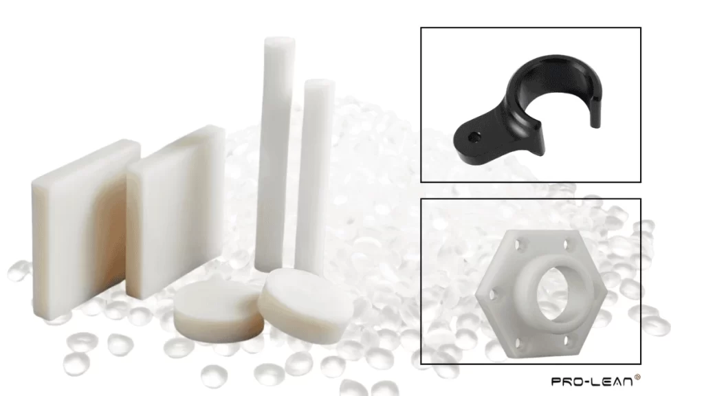 Raw HDPE rods and sheets on the left side and machined parts on the right side