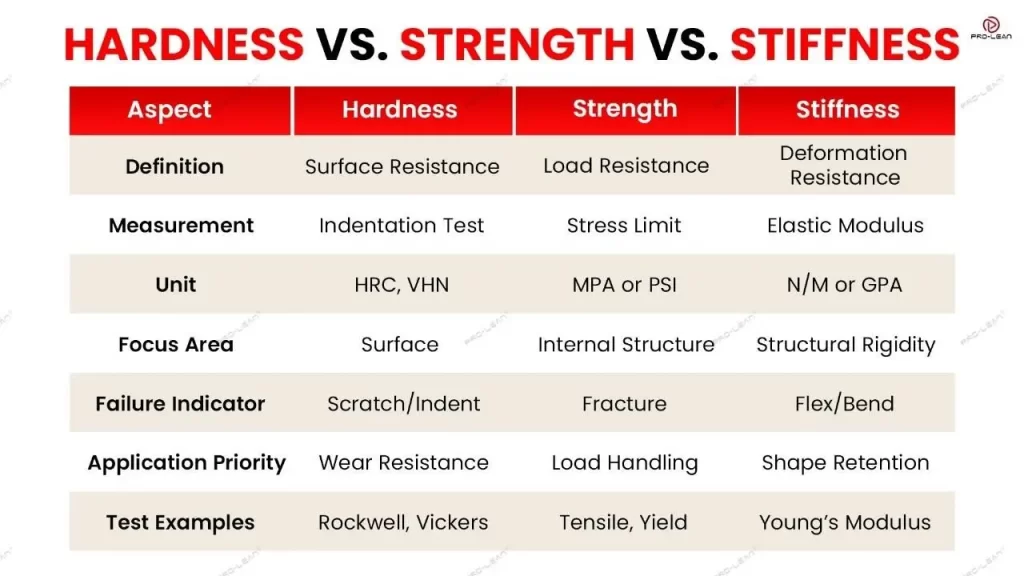 Infographic comparing hardness, strength, and stiffness properties.