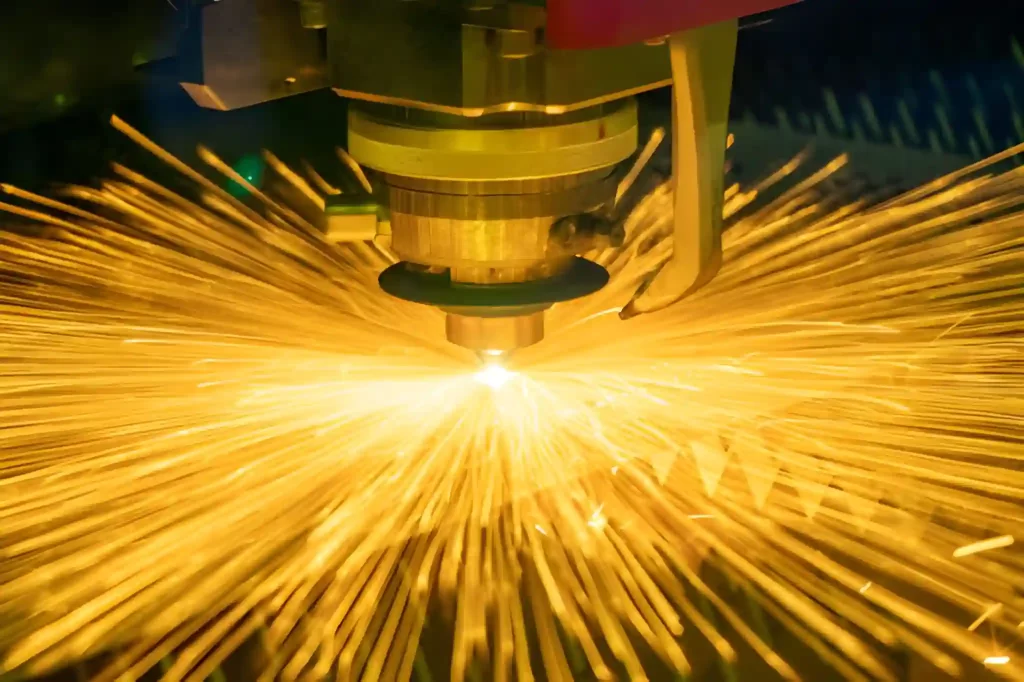 High-speed laser cutting metal, showing fast and precise cutting action.
