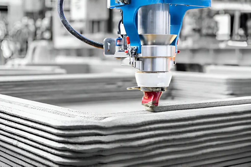 Industrial 3D printer making a concrete wall.