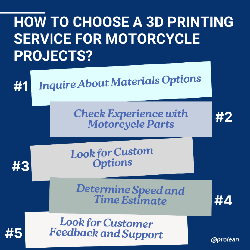 Infographic providing simple tips for choosing the exemplary 3D printing service for motorcycle parts.