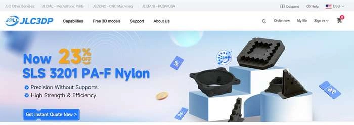 Screenshot of JLC3DP 3D printing capabilities page. It highlights cost-saving offerings and nylon material options for 3D print prototypes.