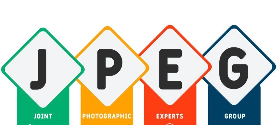 An image of the JPEG acronym: Joint Photographic Experts Group on green, yellow, orange, and blue blocks
