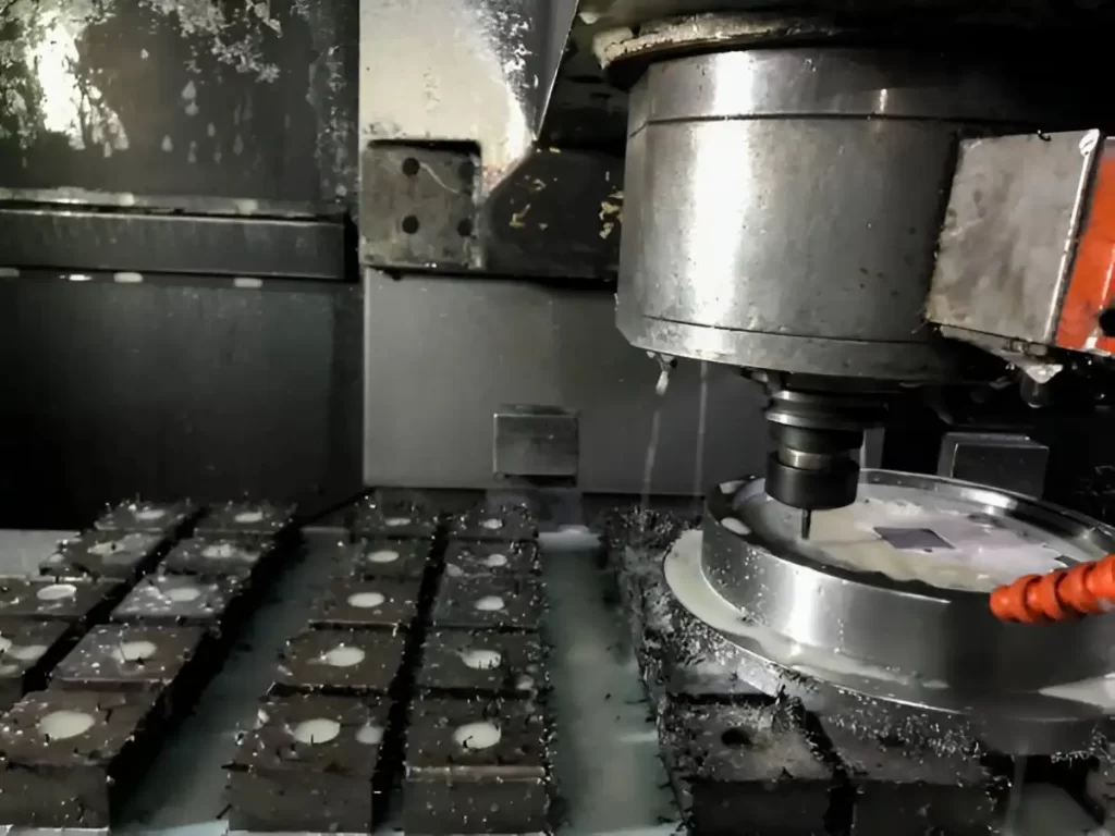 The image shows a Kovar alloy part being CNC machined in an industrial setting.