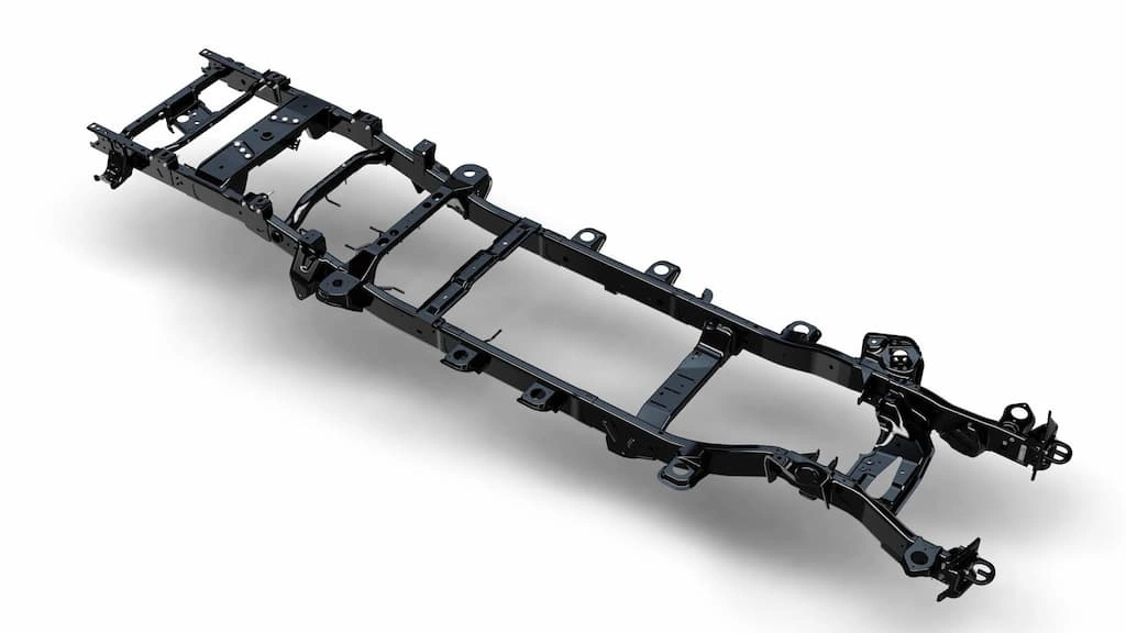 A ladder frame structure for a car with shiny black coating