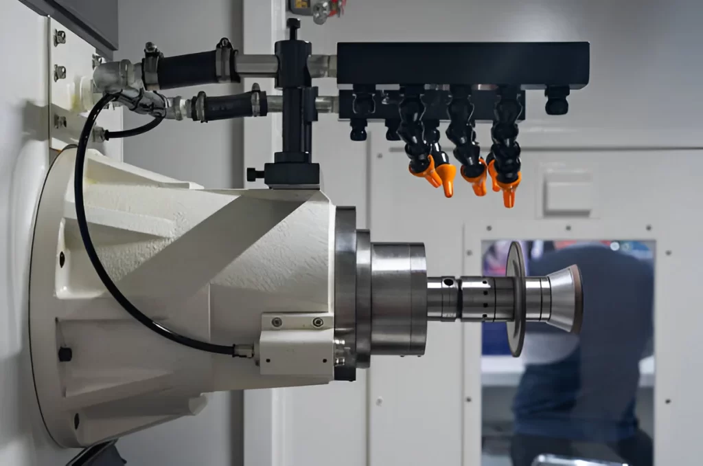 Large CNC Machine working, with a chuck holding the part and cooling nozzles for spraying coolant.