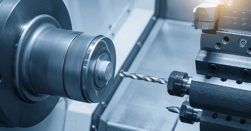 An image showing a drill bit is ready to create a hole in a cylindrical shaft