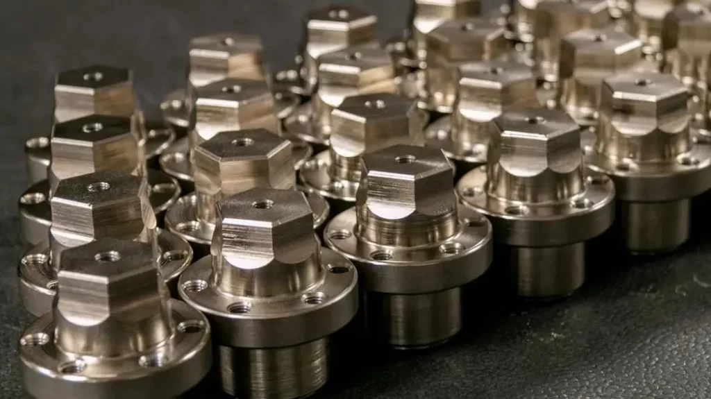 The image emphasizes low-volume manufacturing. It showcases a series of neatly arranged, precision machined parts.