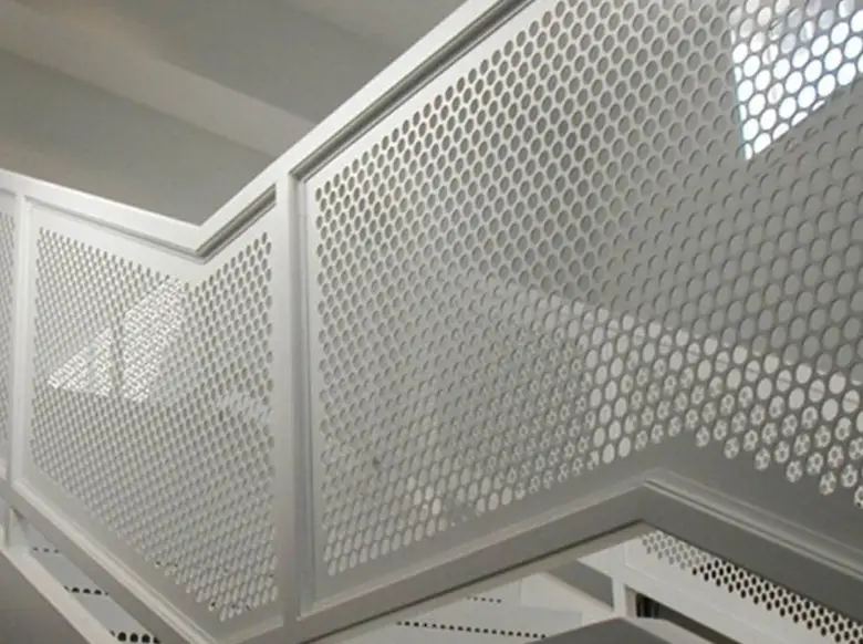 Gray metal stair risers with perforated round patterns