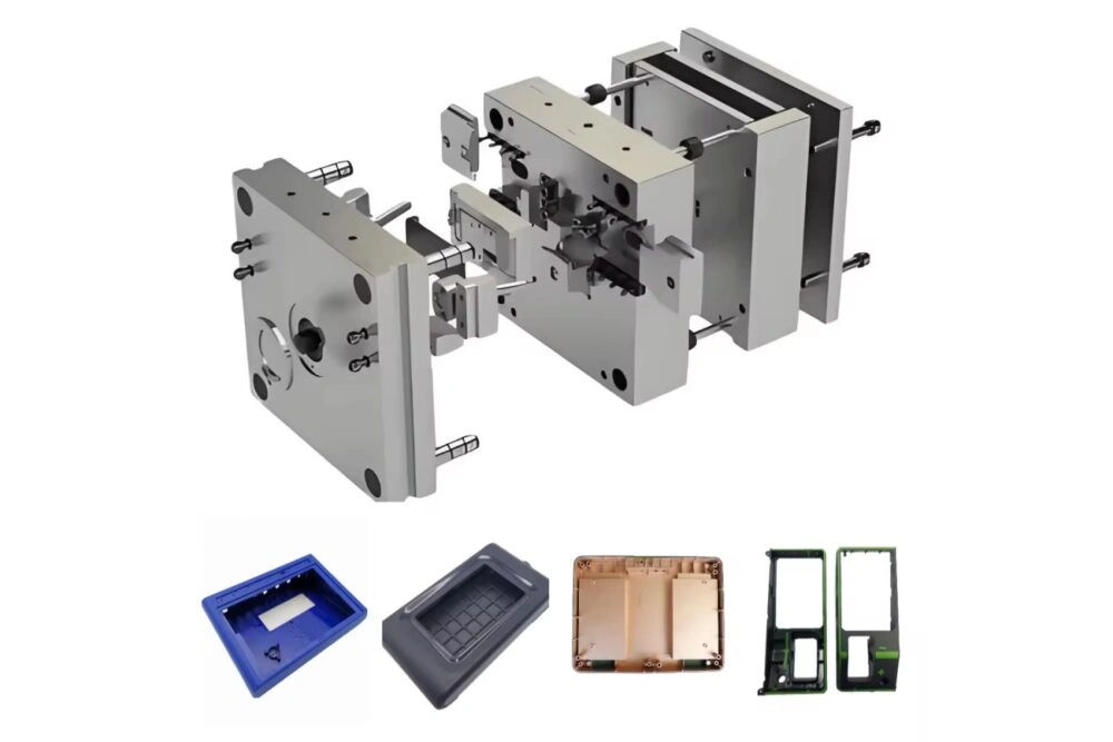 Plastic enclosures for electronic devices and cross-section view of the mold
