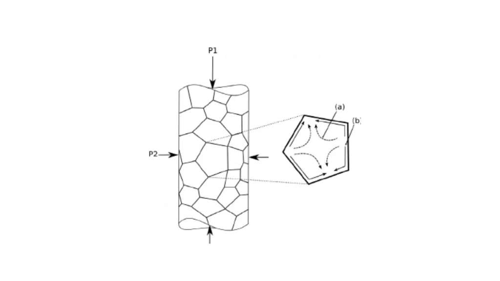 Simple demonstration of the Nabarro-Herring creep effect. It shows how atoms move through a material under stress
