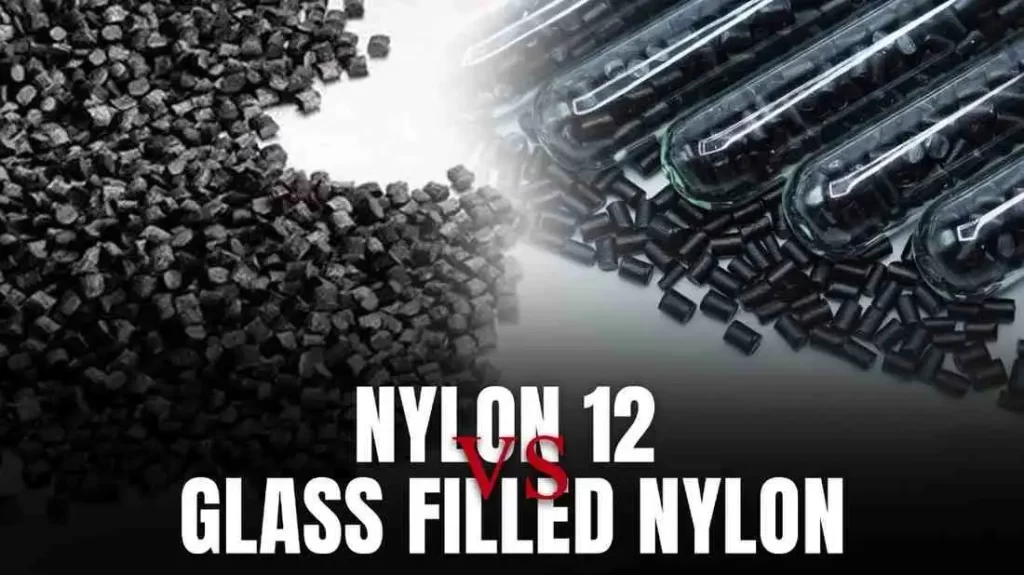 A split image showing a pile of black plastic pellets and test tubes.
