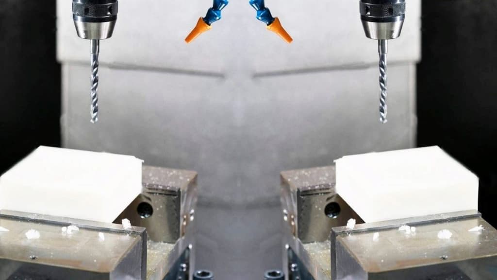 Two nylon workpieces clamped on the seprate bench and two milling cutters above them