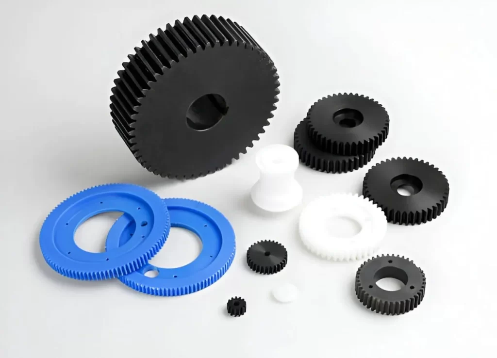 The image shows nylon gear wheels arranged for display.