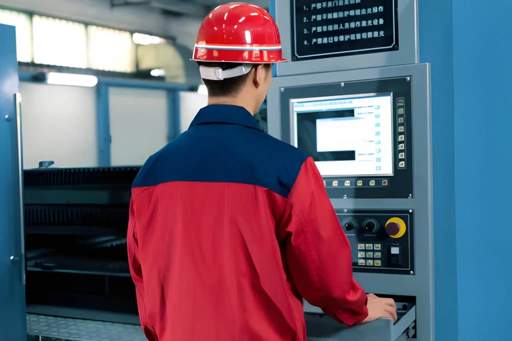 Machine operator controlling a CNC machine through the control panel during machining operation.