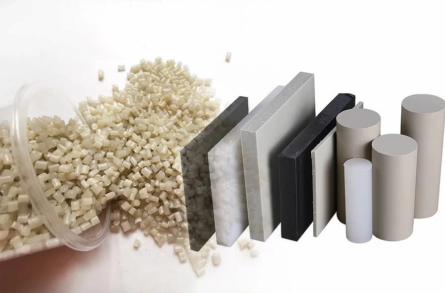 An image showing polypropylene(PP) pellets, sheets, and blocks
