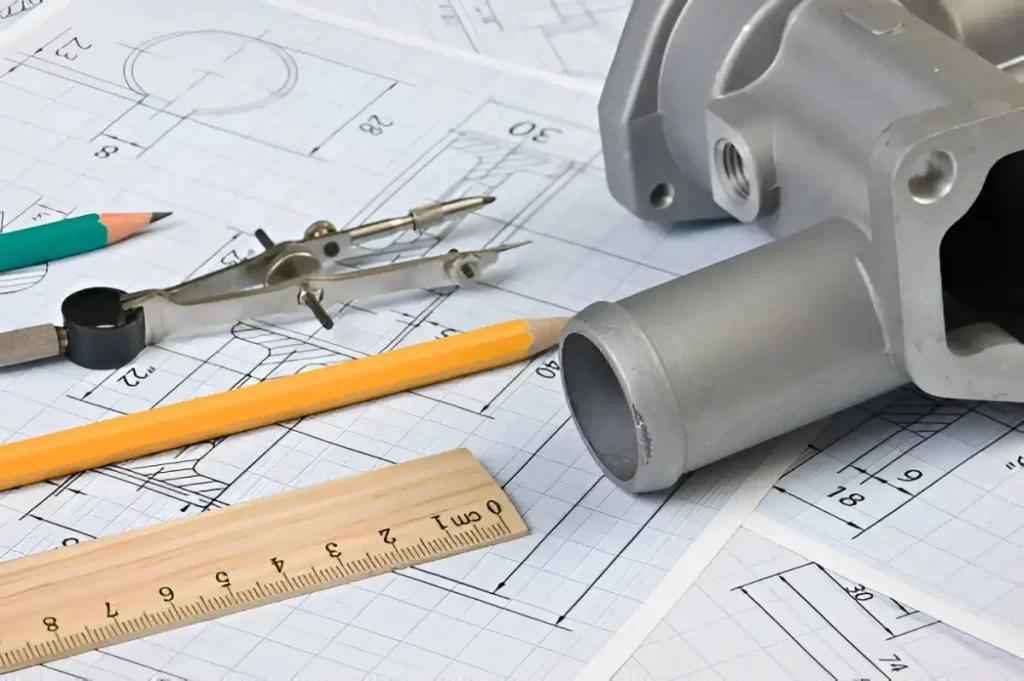 A metal part is placed on an engineering drawing sheet with measuring tools and pencils pointing to its dimensions.