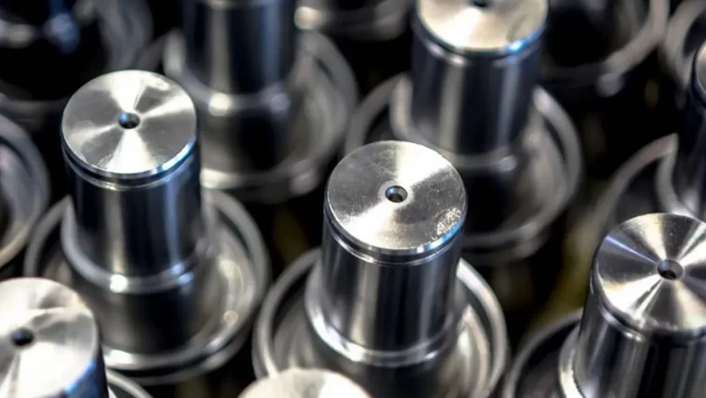 Close-up of shiny, precision-machined metal components.