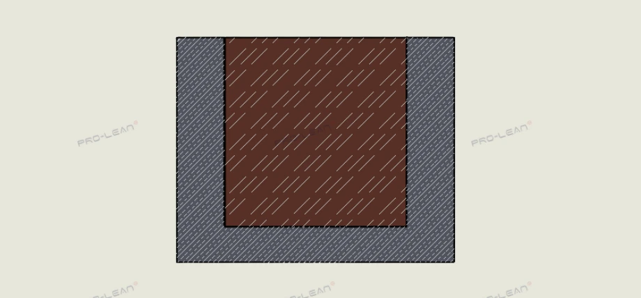 3D model of press fit; rectangular box fitting in a housing with no gaps; hatched areas clearly showing both parts