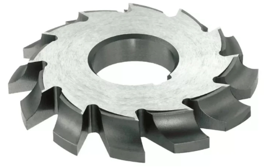 A close-up of a profile milling cutter with tapered/curved teeth