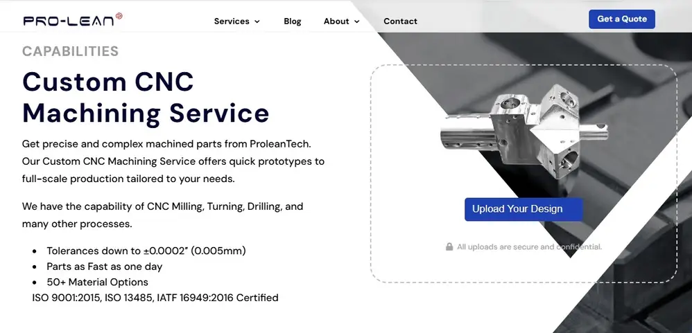The image shows Ancastings' Custom CNC Machining Capabilities regarding their fast, precise parts with milling, turning, and drilling. You can get quick prototypes, full-scale production, a diverse range of over 50 materials, and minimal achievable tolerance as tight as ±0.0002″ (0.005mm).