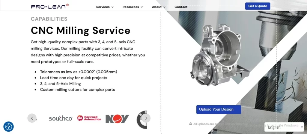 Image showcasing Ancastings' CNC milling capabilities. It highlights 3, 4, and 5-axis milling for high-precision, complex parts with tolerances as low as ±0.0002.
