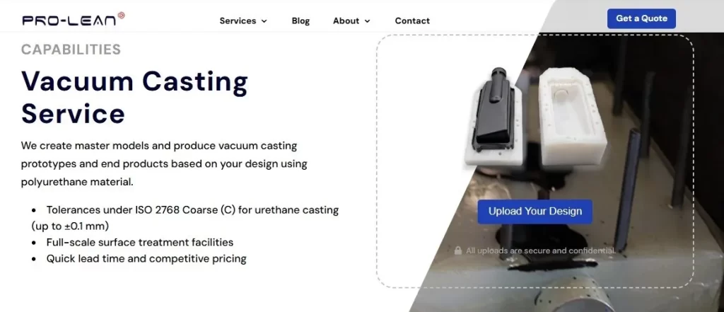 Screenshot of Ancastings Vacuum Casting service page.