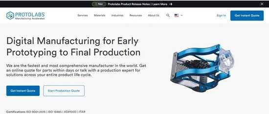 Screenshot of Protolabs manufacturing services page, showcasing their digital manufacturing capabilities