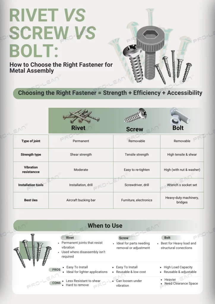 Image comparing rivets, screws, and bolts for metal assembly—joint type, strength, maintenance, and use cases—by Ancastings