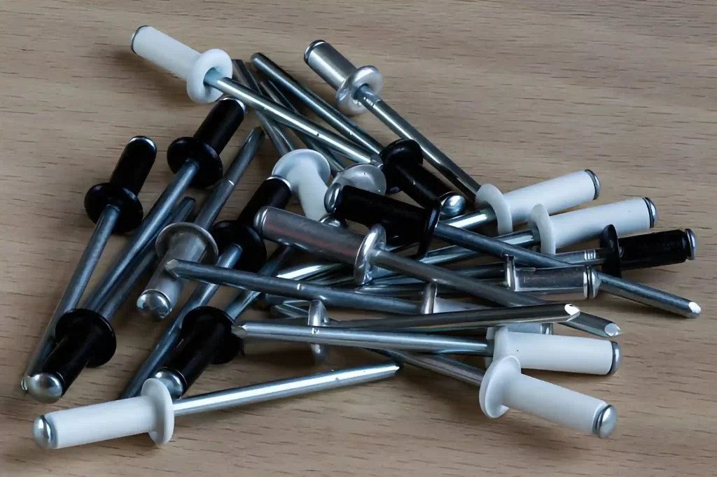 A collection of metal rivets displayed closely together.