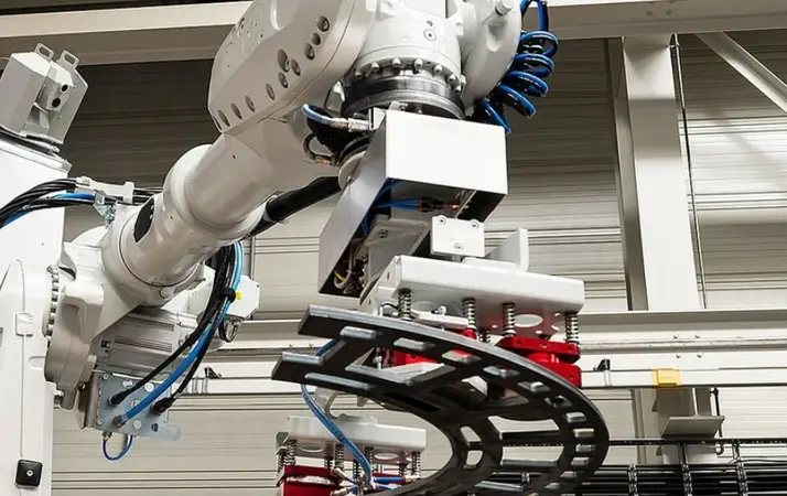 A white sizable robot working on a section of a circular metal part
