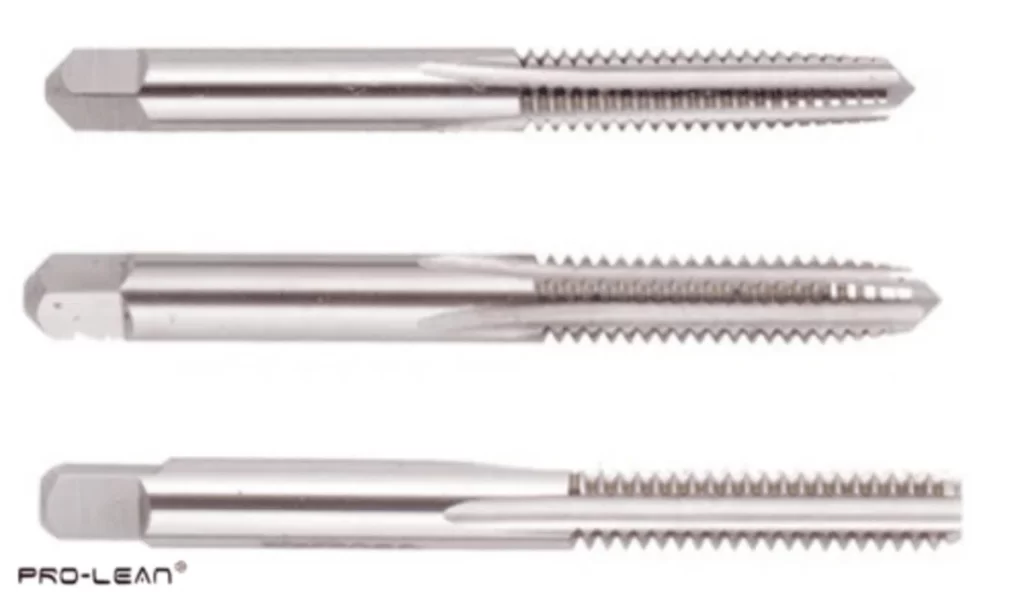 Three metal hand taps with different thread patterns showcasing precision cutting tools.