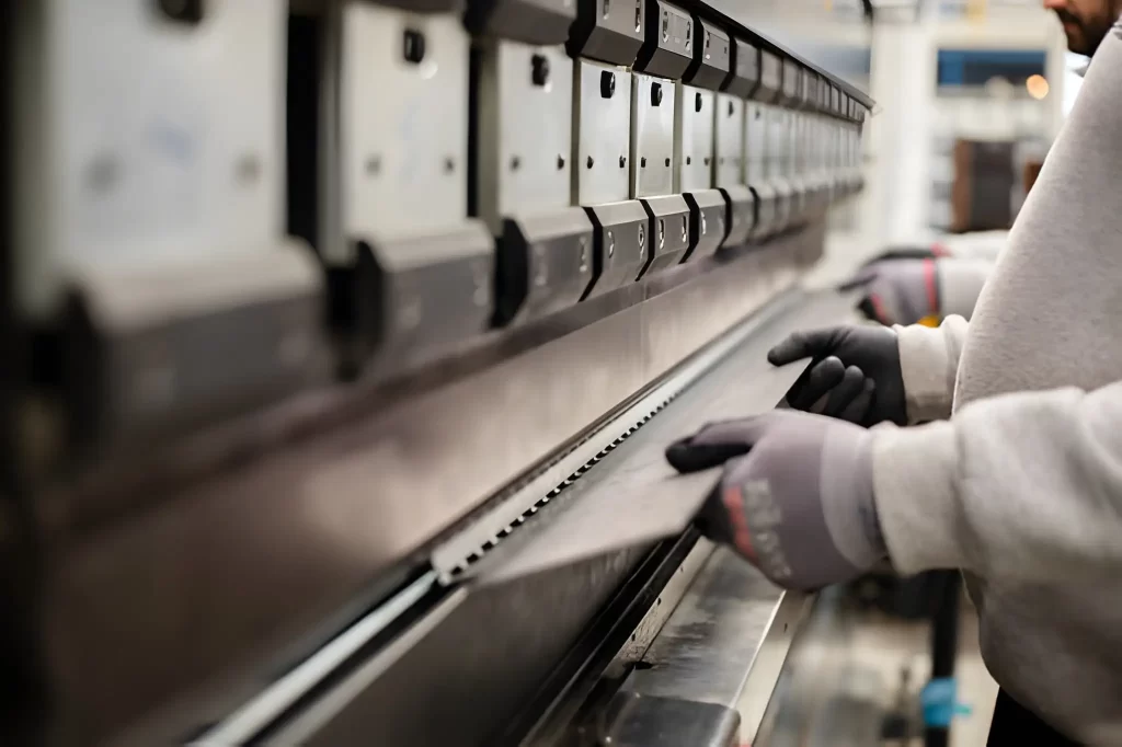 An operator carefully bends a sheet metal piece using a press brake machine for accurate shaping.