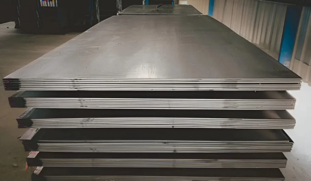 Image shows a stack of sheet metal plates in a workshop.