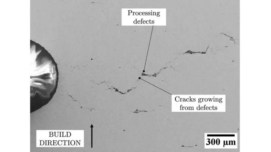 Image showing the signs of creep deformation. It highlights sections indicating build direction and crack growth on the material's surface.