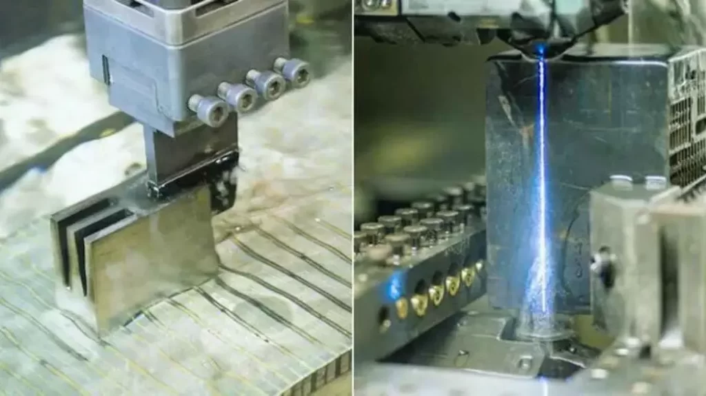 A comparison of Sinker EDM and Wire EDM processes, displaying their differences in machining methods