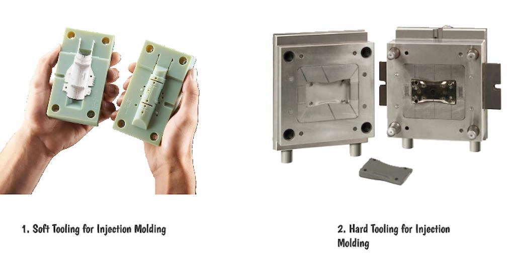 A comparison image of Soft vs hard tooling for injection molding