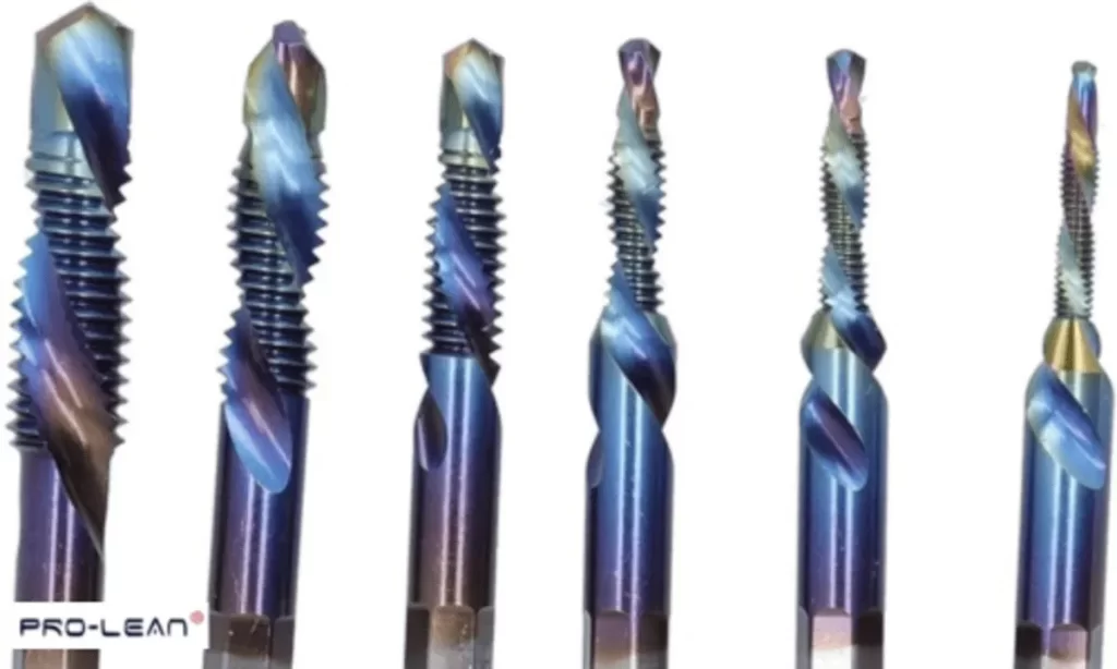 Six multi-colored spiral tap drill bits in a row, showing varying sizes and thread patterns.