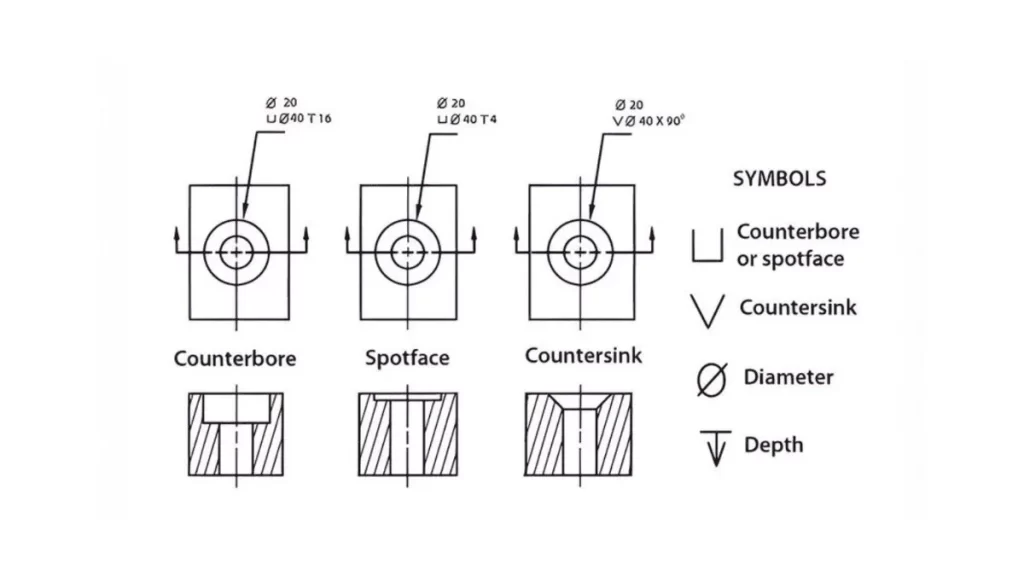 The image shows callout symbols for spotface, counterbore, and countersink features. It also includes depth and diameter symbols used in technical drawings.