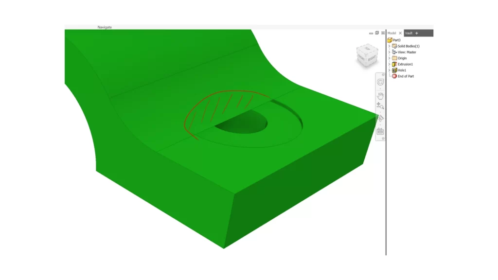 An illustration showing a spotface hole in a fillet. It highlighting the surface geometry and intersection.