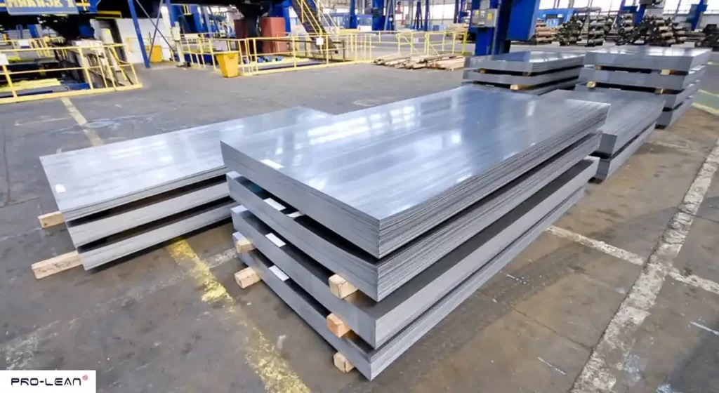 Stacked stainless steel sheets on a factory floor for industrial use.