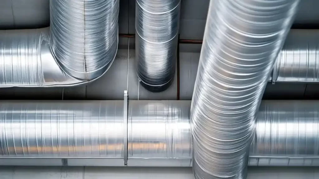 The image features a stainless steel HVAC duct with a shiny, reflective surface.