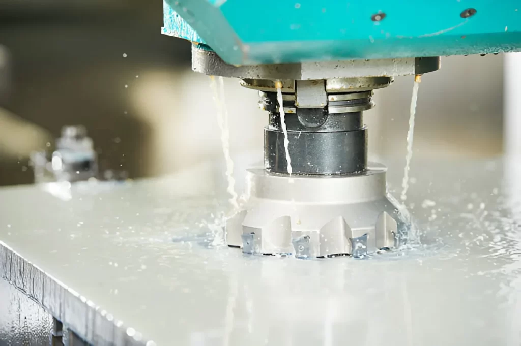 A steel part being milled on the top face.