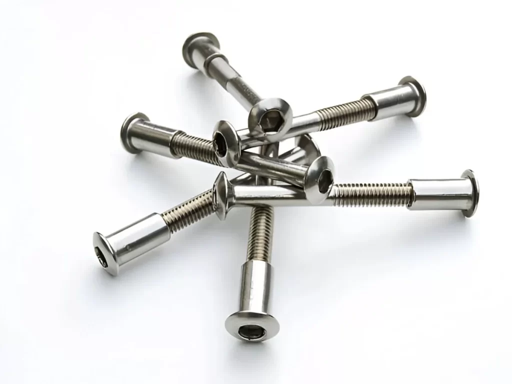 Multiple steel screws displayed clearly, showing their smooth metallic surface and threaded design.